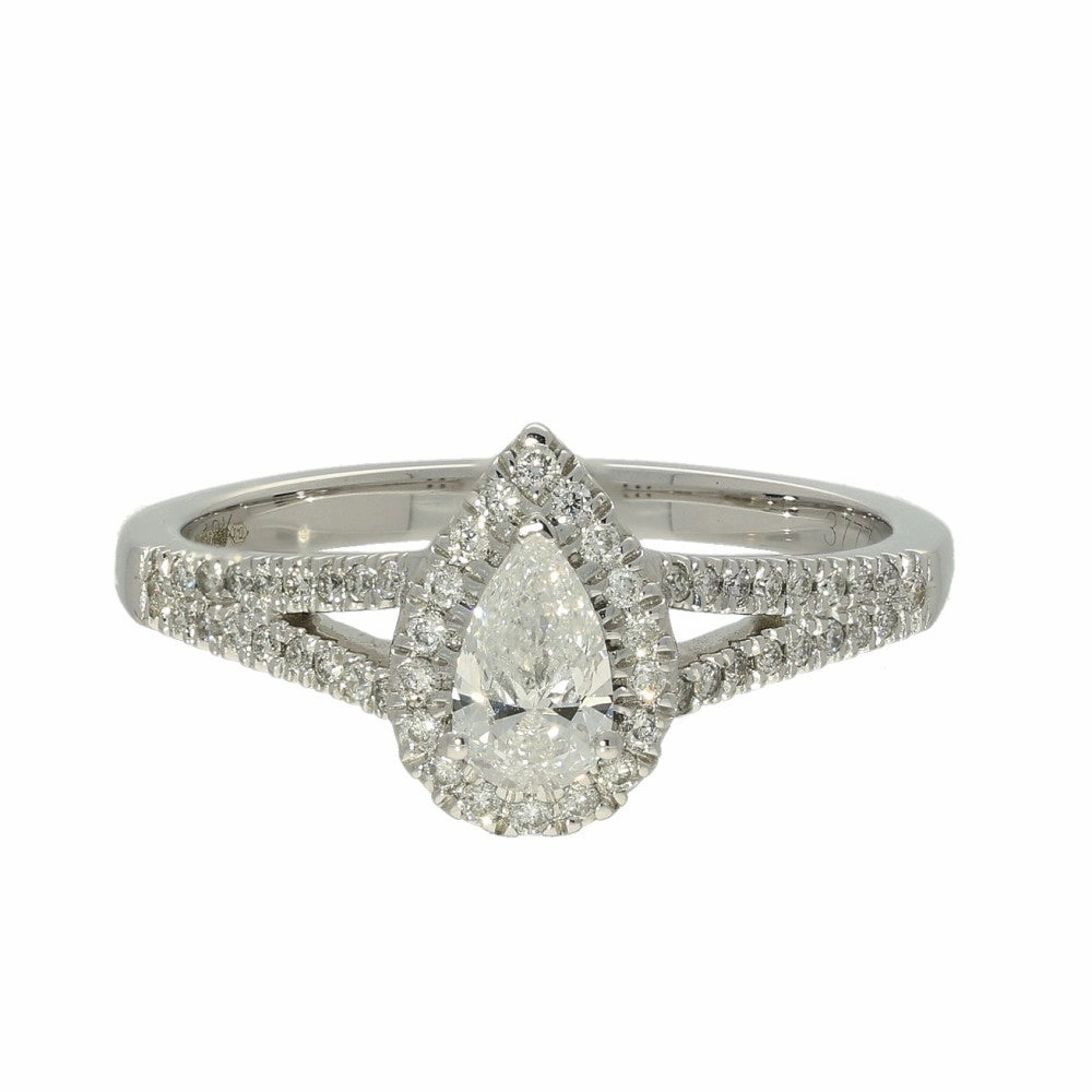 18ct White Gold Certificated Pear Cut Diamond Halo Ring