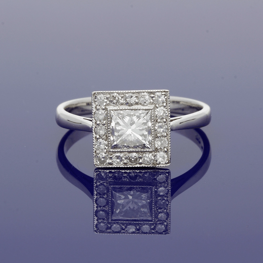 18ct White Gold Diamond Art Deco Style Square Halo Ring