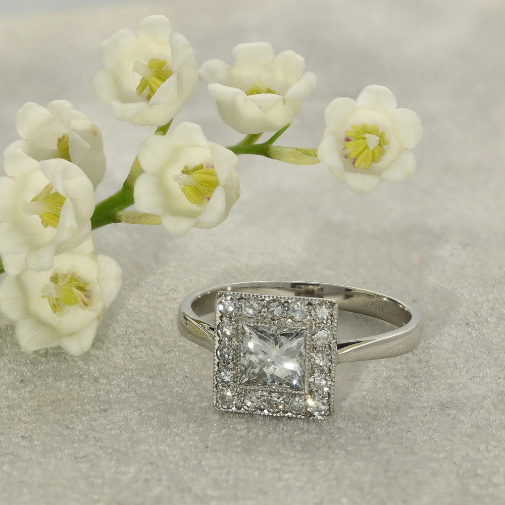 18ct White Gold Diamond Art Deco Style Square Halo Ring