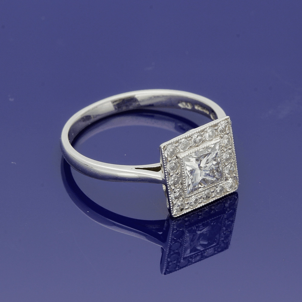 18ct White Gold Diamond Art Deco Style Square Halo Ring