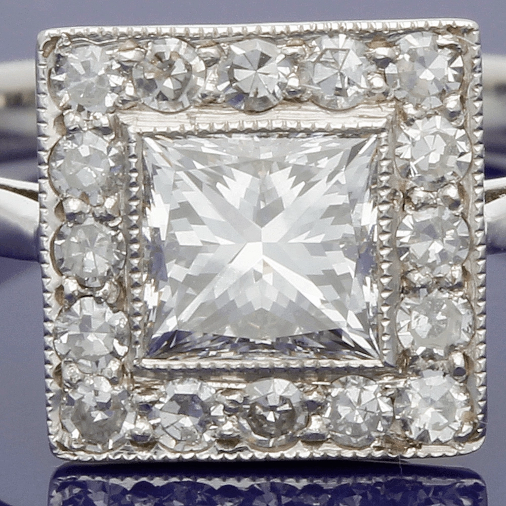 18ct White Gold Diamond Art Deco Style Square Halo Ring
