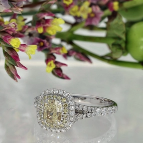 18ct White Gold Natural Yellow Diamond and White Diamond Halo Ring