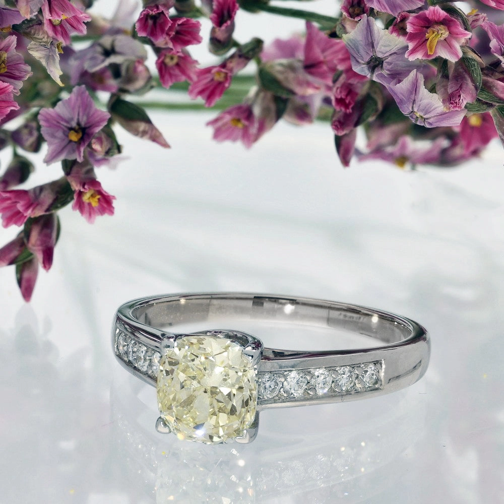18ct White Gold Natural Yellow Diamond Solitaire with Diamond Set Shoulders