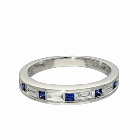 18ct White Gold Sapphire & Baguette Cut Diamond Half Eternity Ring