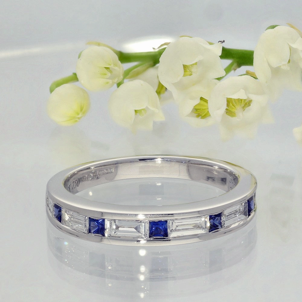 18ct White Gold Sapphire & Baguette Cut Diamond Half Eternity Ring