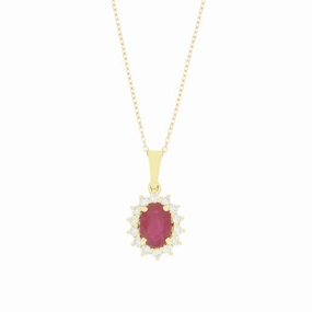 18ct Yellow Gold 1.27ct Ruby and 0.26ct Diamond Cluster Pendant and Chain