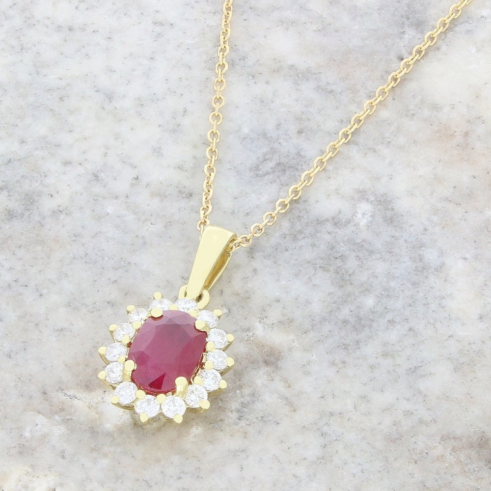 18ct Yellow Gold 1.27ct Ruby and 0.26ct Diamond Cluster Pendant and Chain