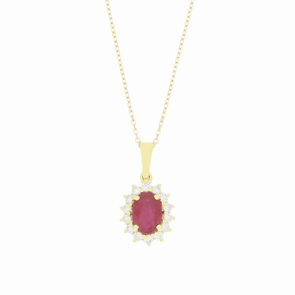 18ct Yellow Gold 1.27ct Ruby and 0.26ct Diamond Cluster Pendant and Chain
