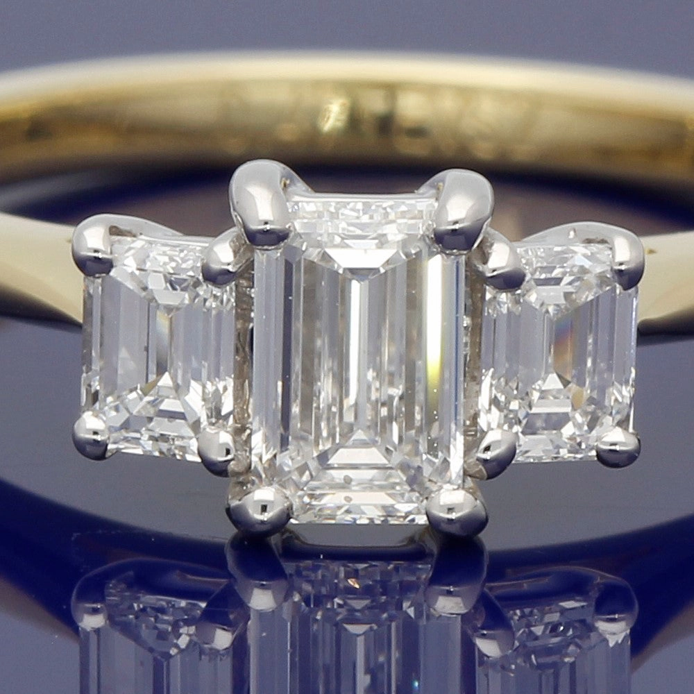 18ct Yellow Gold Certificated Emerald Cut Diamond Trilogy Ring