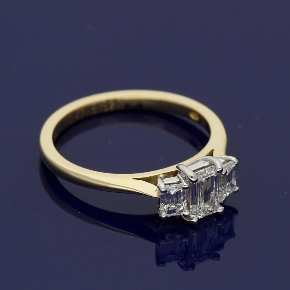 18ct Yellow Gold Certificated Emerald Cut Diamond Trilogy Ring