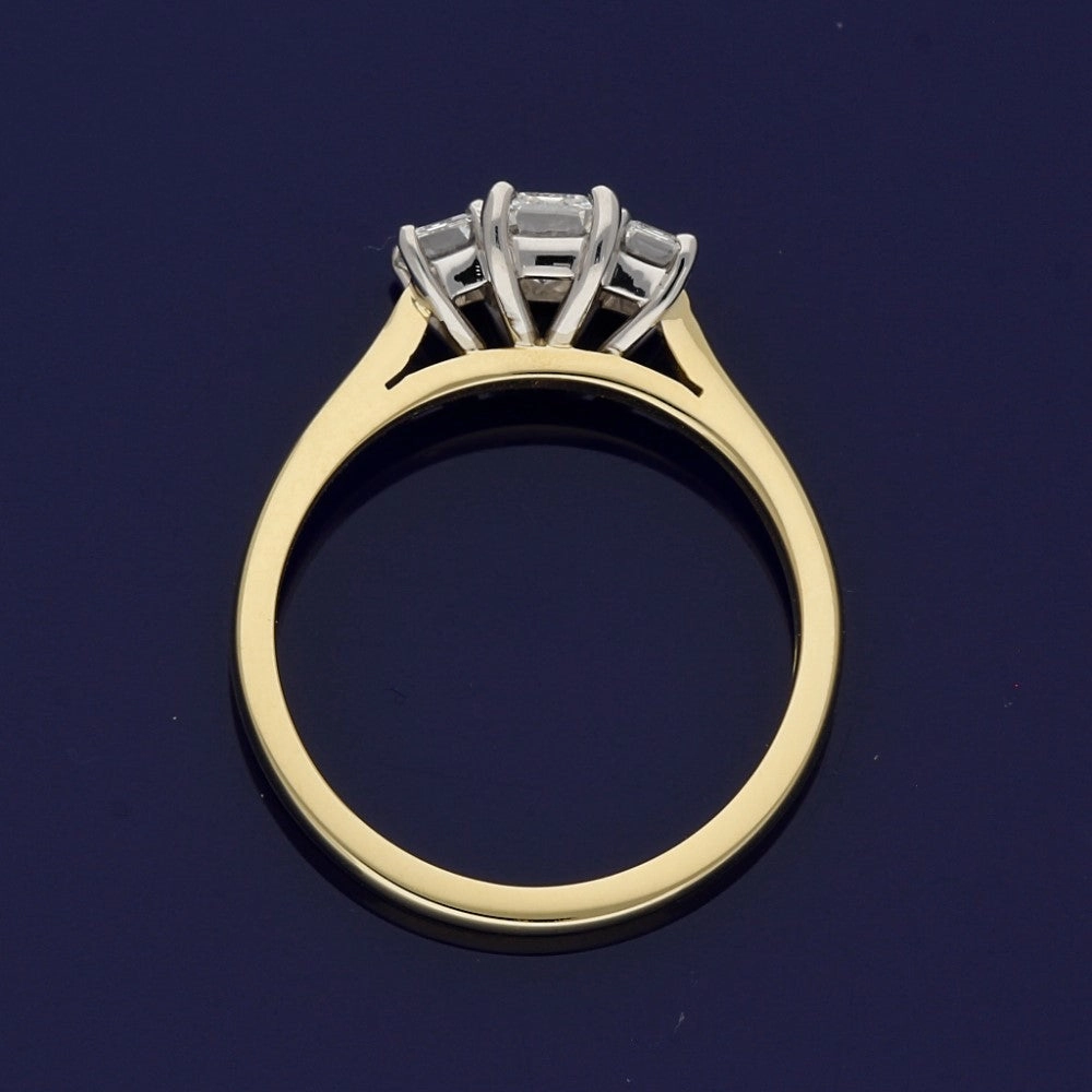 18ct Yellow Gold Certificated Emerald Cut Diamond Trilogy Ring