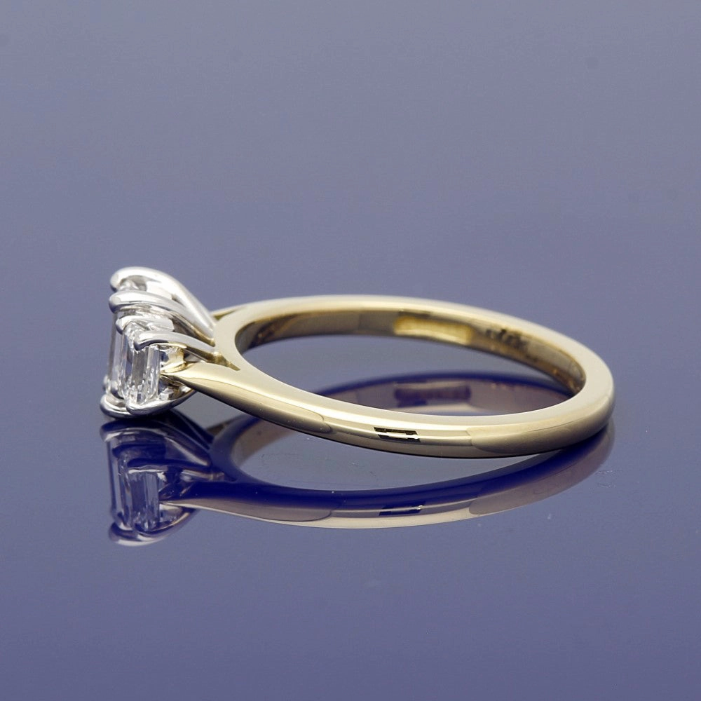 18ct Yellow Gold Certificated Emerald Cut Diamond Trilogy Ring