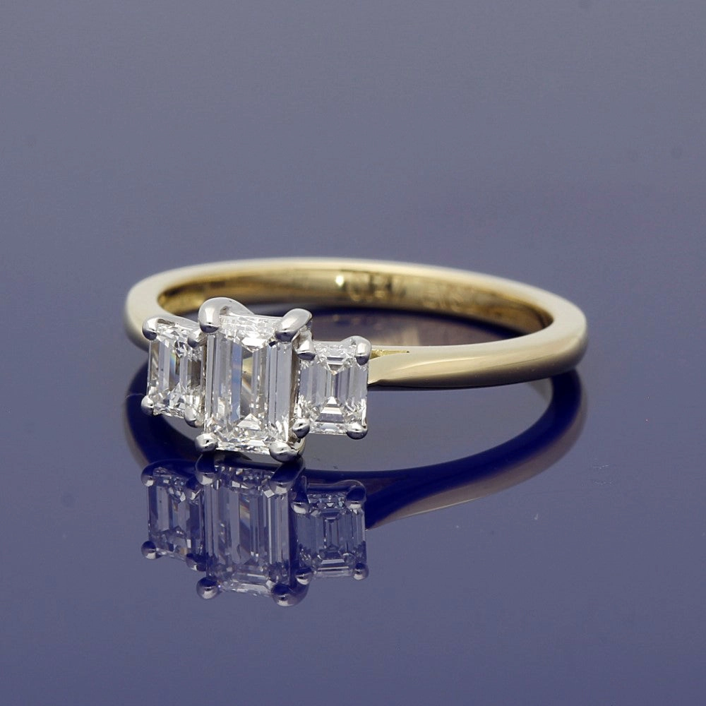 18ct Yellow Gold Certificated Emerald Cut Diamond Trilogy Ring