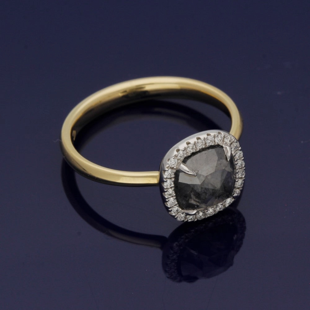 18ct Yellow Gold Diamond Halo Ring with 1.89ct Cushion Cut Salt & Pepper Diamond