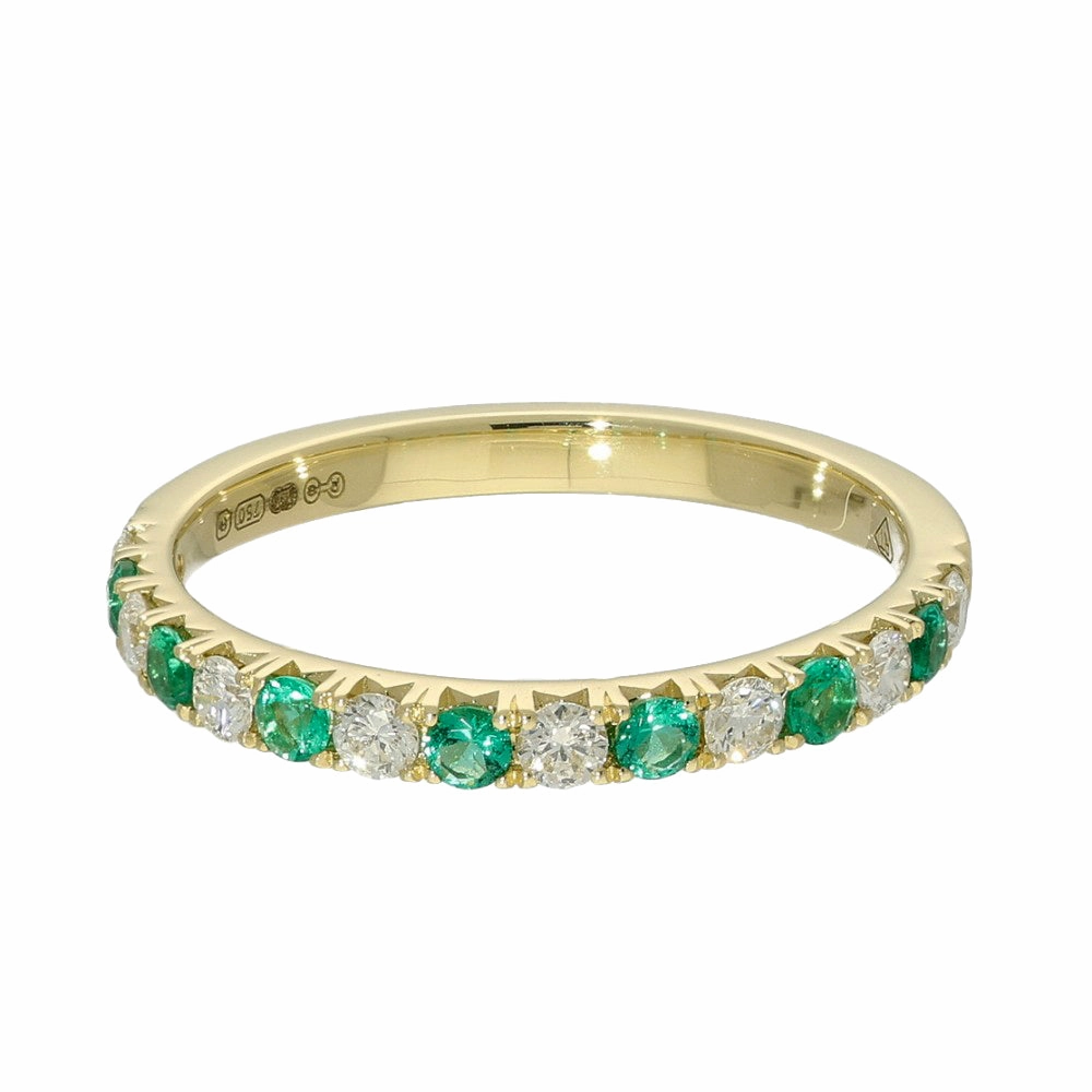 18ct Yellow Gold Emerald & Diamond Slim 2.1mm Half Eternity Ring