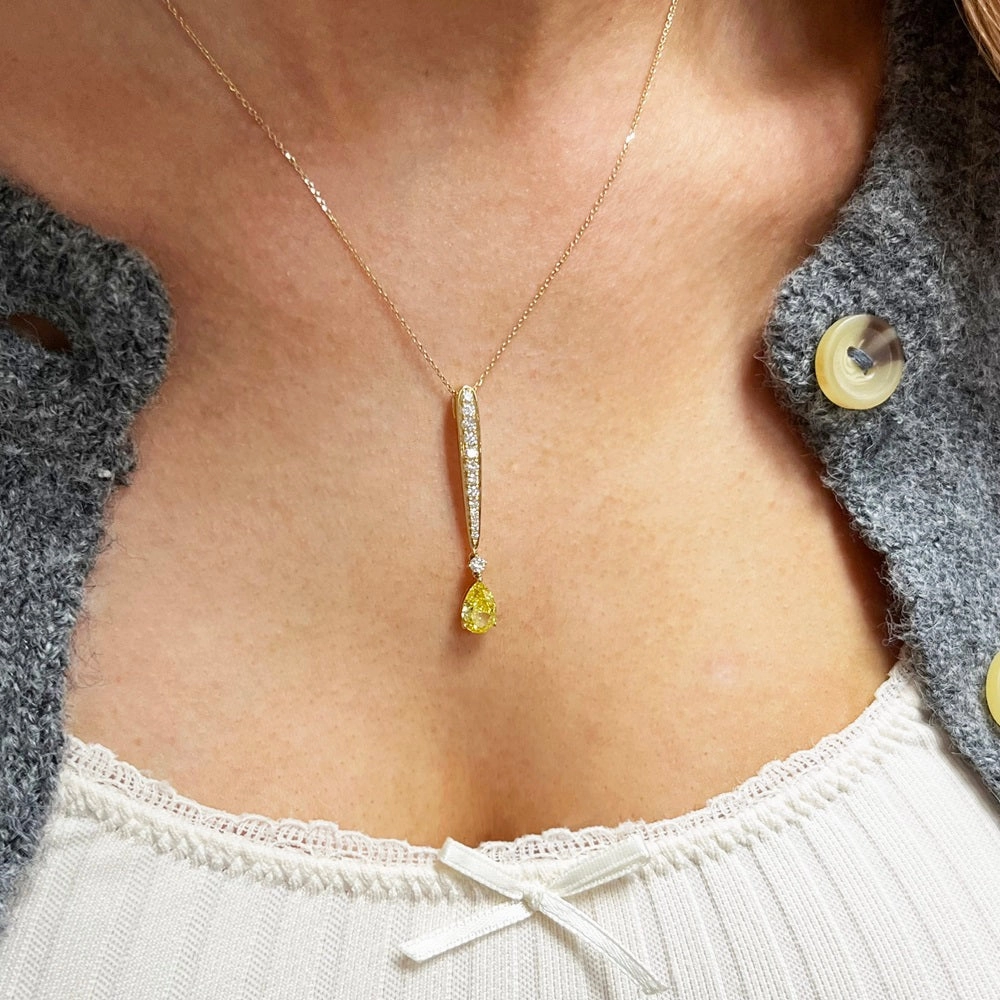 18ct Yellow Gold  Lab Grown Pear Shape Vivid Yellow Diamond Pendant With Chain