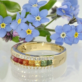 18ct Yellow Gold Rainbow Sapphire and Diamond Half Eternity Ring