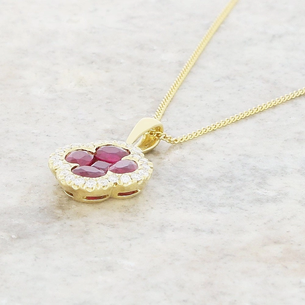 18ct Yellow Gold Ruby and Diamond Cluster Pendant and Chain