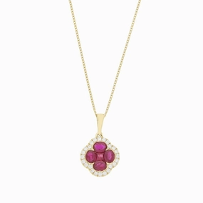 18ct Yellow Gold Ruby and Diamond Cluster Pendant and Chain