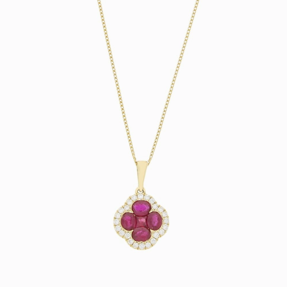 18ct Yellow Gold Ruby and Diamond Cluster Pendant and Chain