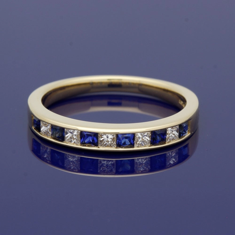 18ct Yellow Gold Sapphire & Princess Cut Diamond Half Eternity Ring