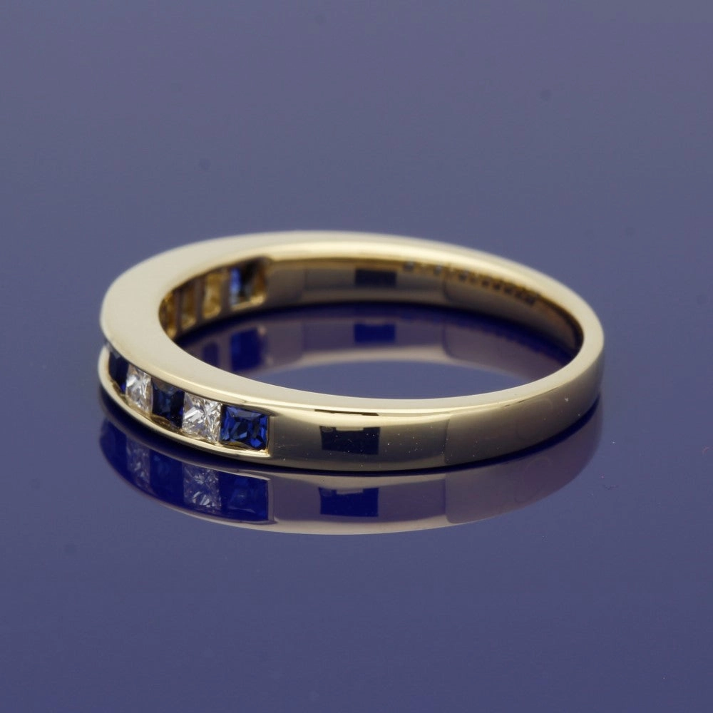 18ct Yellow Gold Sapphire & Princess Cut Diamond Half Eternity Ring