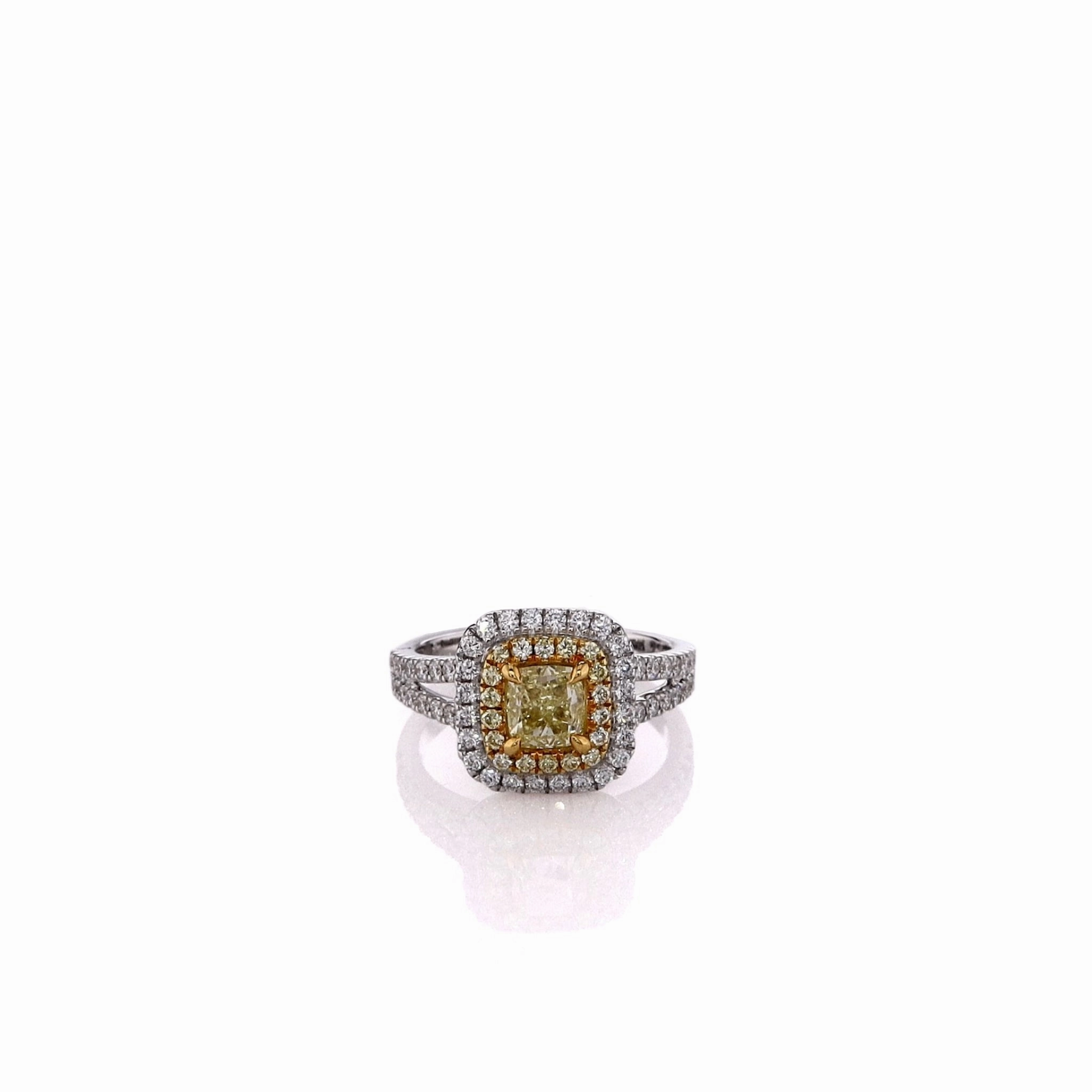 18k Two-Tone Double Halo and Split Shank Yellow and White Diamond Ring