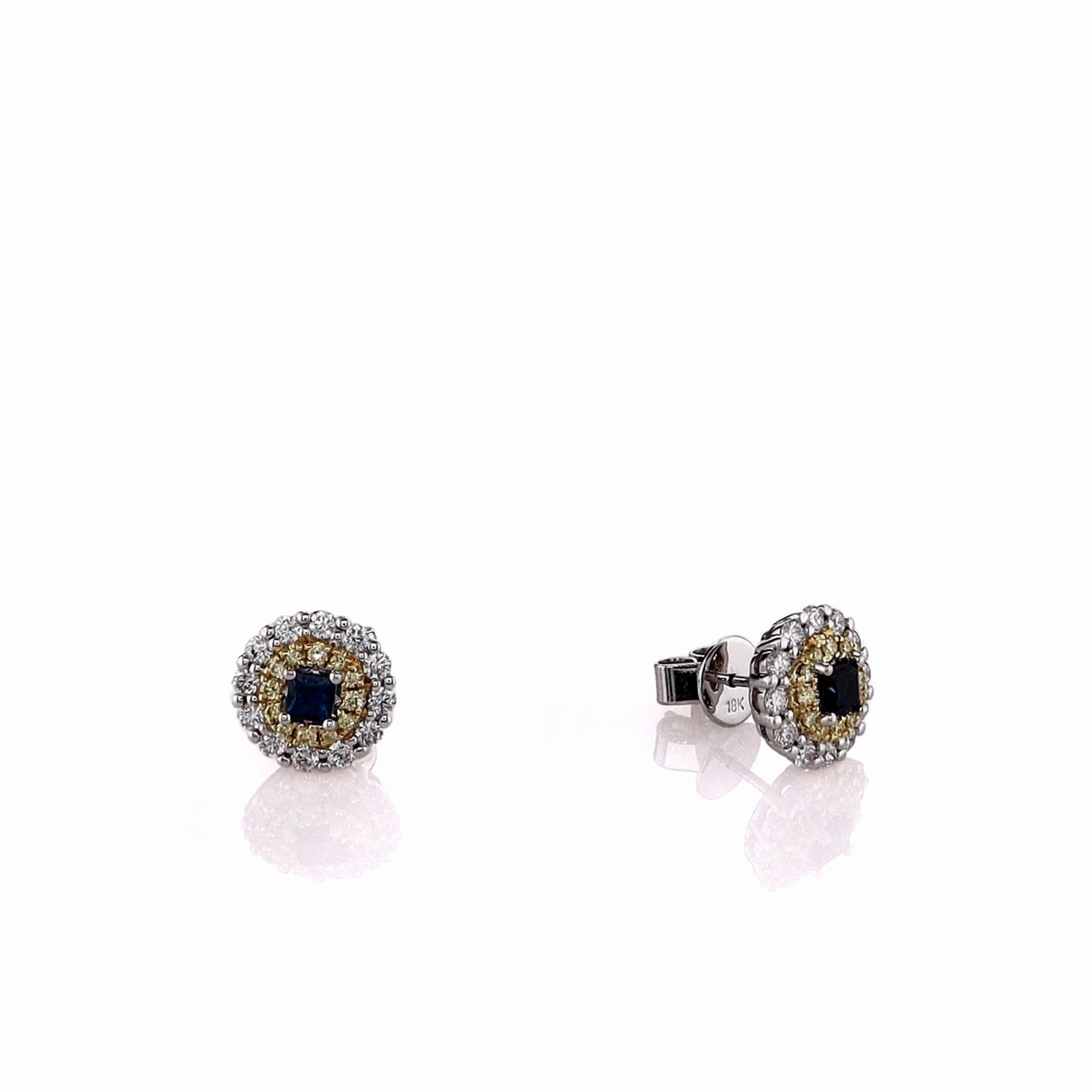 18k Two-Tone Sapphire and Yellow/White Diamond Double Halo Stud Earrings
