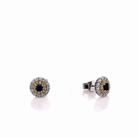 18k Two-Tone Sapphire and Yellow/White Diamond Double Halo Stud Earrings