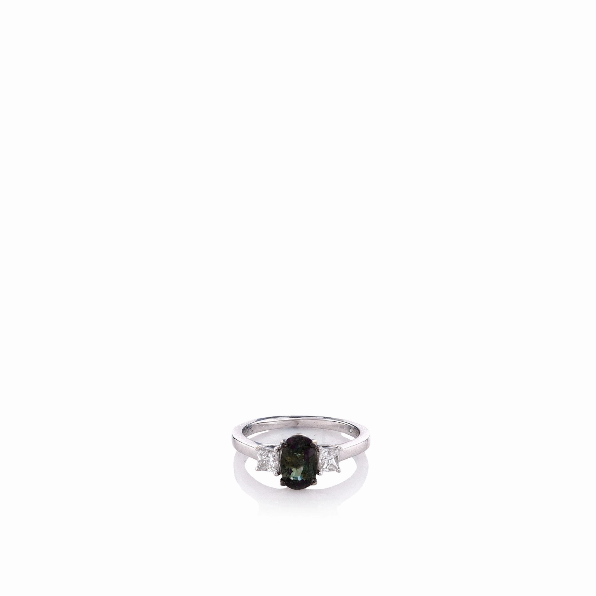 18k White Gold 1.17ct Oval Alexandrite and Diamond Three Stone Ring