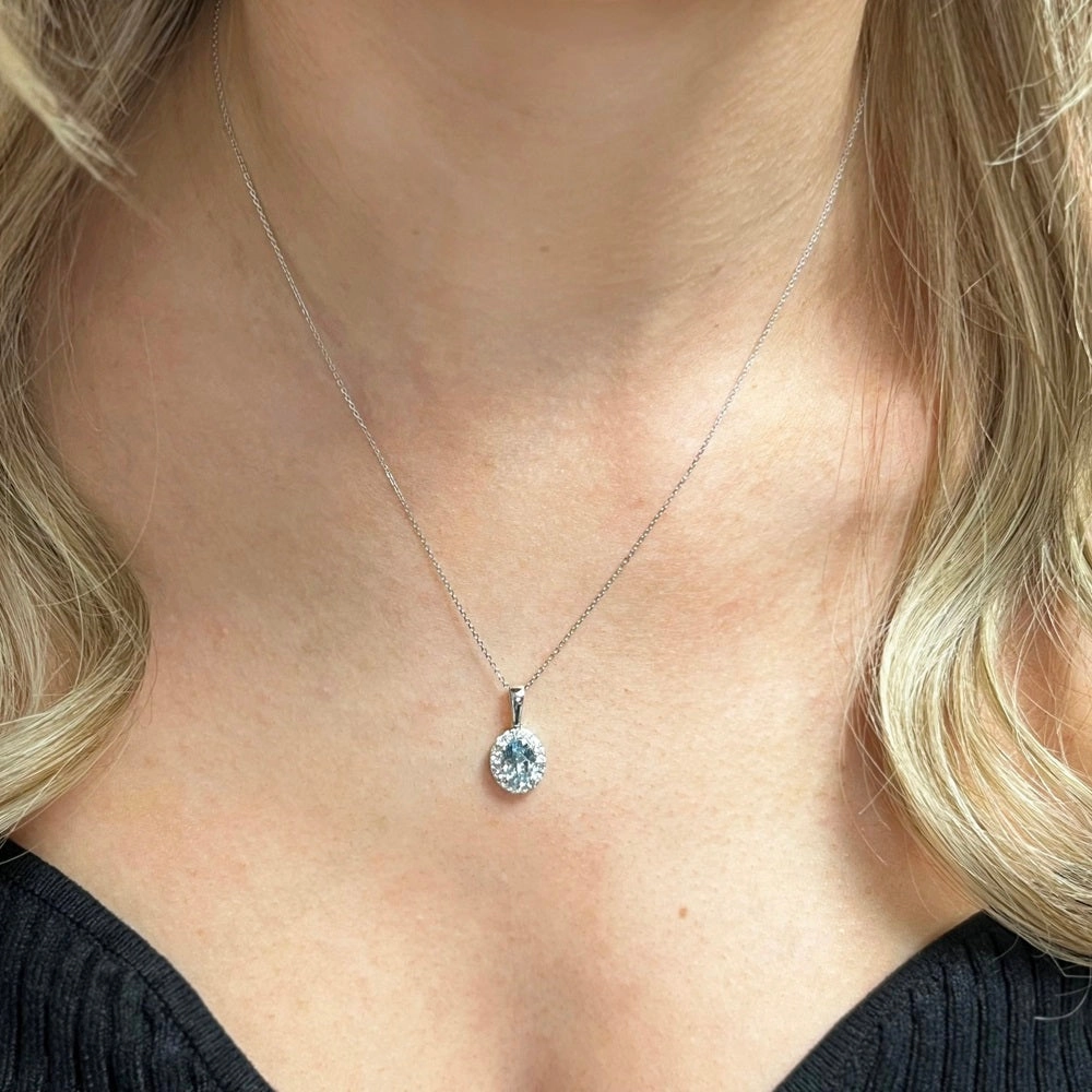 9ct White Gold 1.22ct Aquamarine and Diamond Set Pendant and Chain Necklace