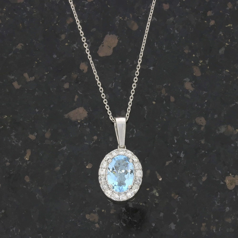 9ct White Gold 1.22ct Aquamarine and Diamond Set Pendant and Chain Necklace