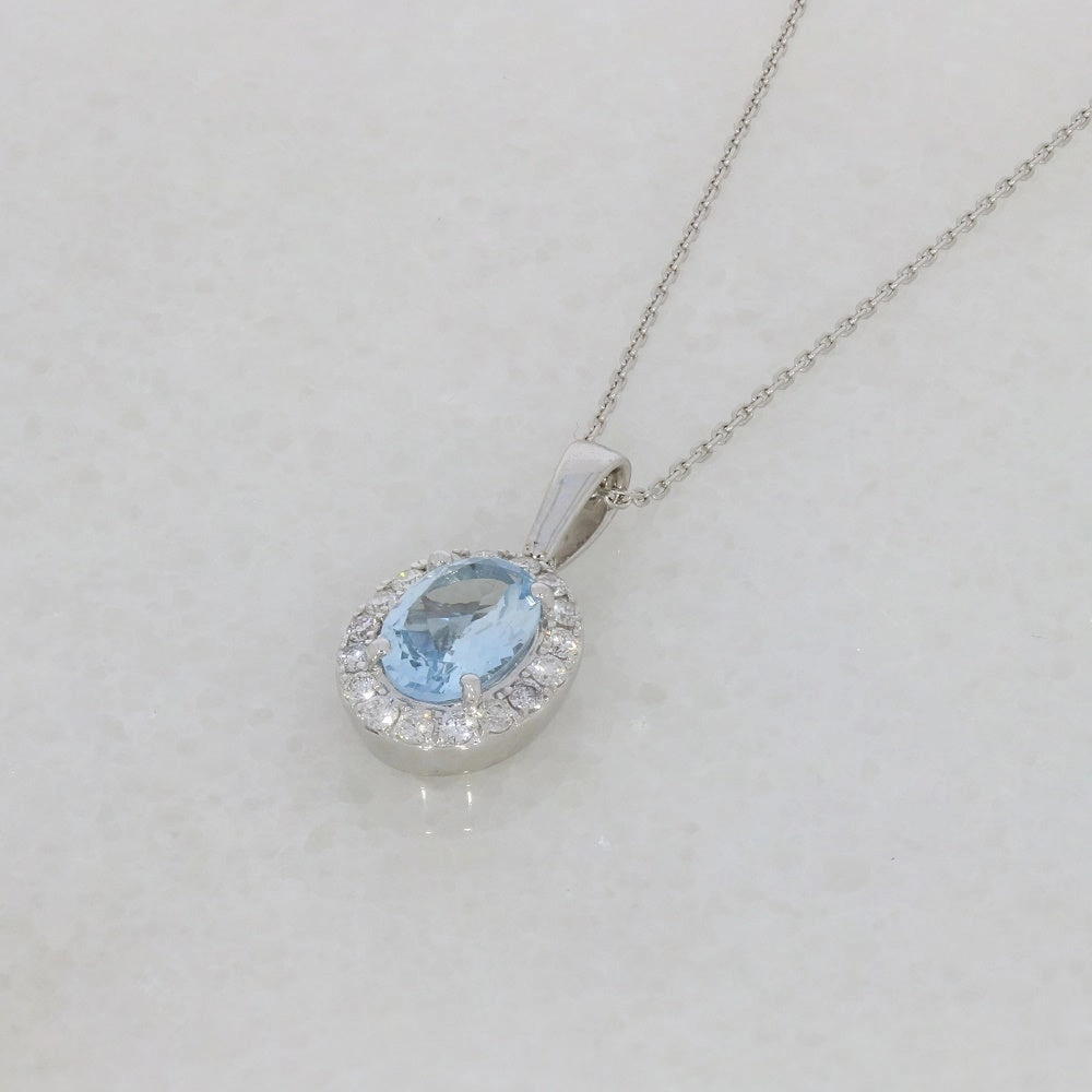 9ct White Gold 1.22ct Aquamarine and Diamond Set Pendant and Chain Necklace