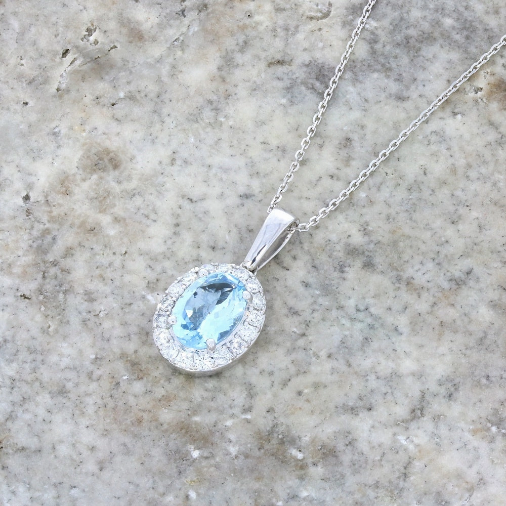 9ct White Gold 1.22ct Aquamarine and Diamond Set Pendant and Chain Necklace