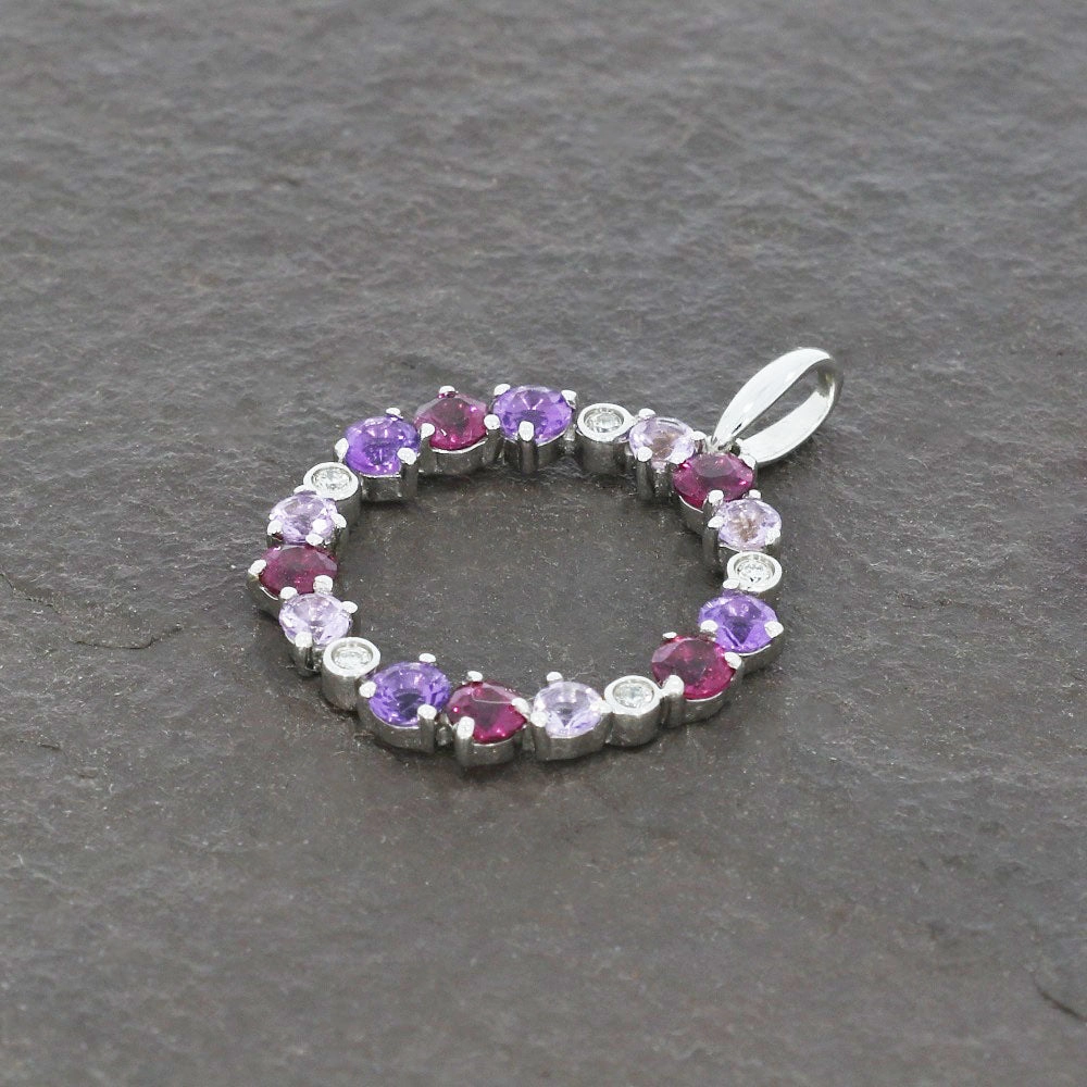9ct White Gold Diamond Amethyst and Brazilian Garnet Circle Pendant GP2009