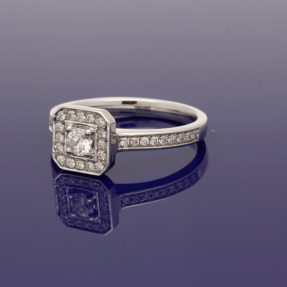 9ct White Gold Diamond Halo Cluster Ring with Diamond Set Shoulders