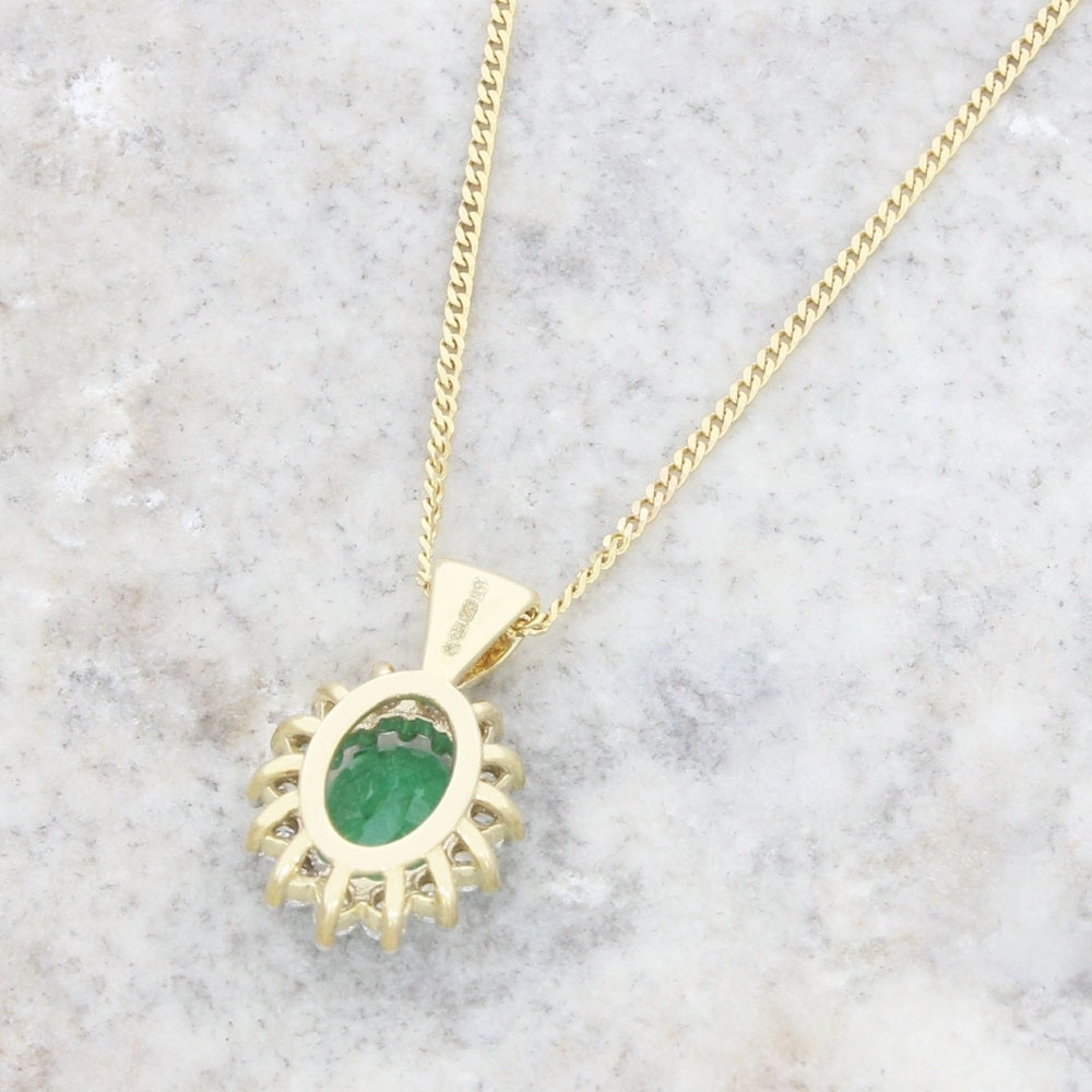 9ct Yellow Gold 0.57ct Emerald and 0.25ct Diamond Cluster Pendant and Chain