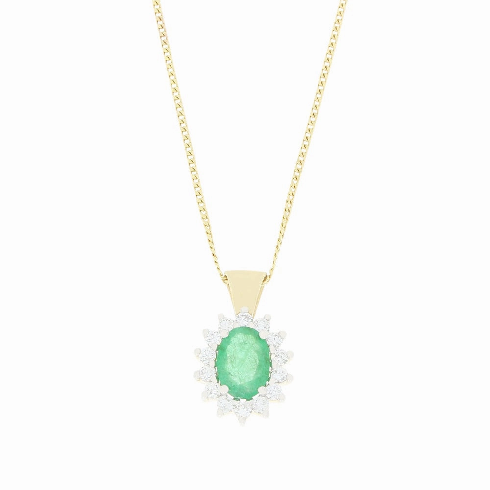 9ct Yellow Gold 0.57ct Emerald and 0.25ct Diamond Cluster Pendant and Chain