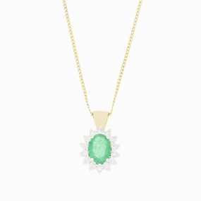 9ct Yellow Gold 0.57ct Emerald and 0.25ct Diamond Cluster Pendant and Chain
