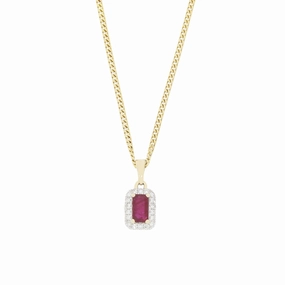 9ct Yellow Gold Ruby and Diamond Cluster Pendant and Chain
