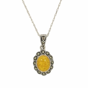 Amber & Marcasite Sterling Silver Oval Pendant and Chain