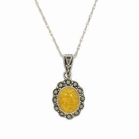 Amber & Marcasite Sterling Silver Oval Pendant and Chain