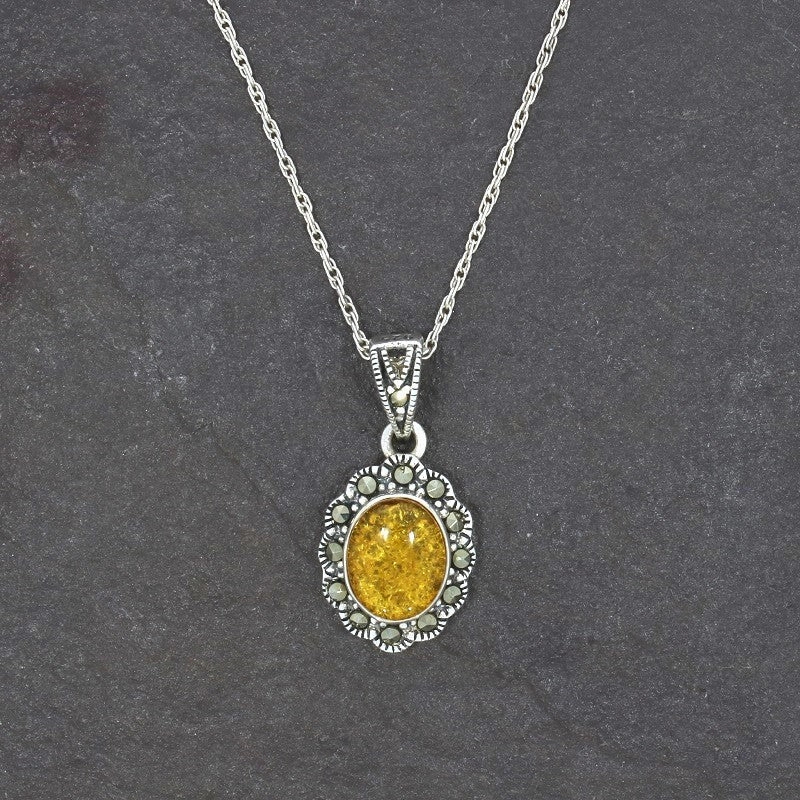 Amber & Marcasite Sterling Silver Oval Pendant and Chain