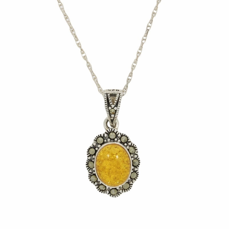 Amber & Marcasite Sterling Silver Oval Pendant and Chain