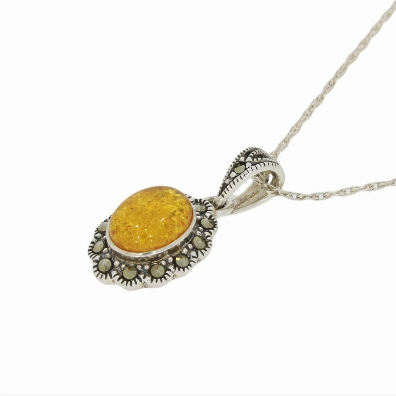 Amber & Marcasite Sterling Silver Oval Pendant and Chain