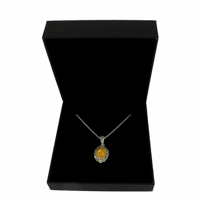 Amber & Marcasite Sterling Silver Oval Pendant and Chain