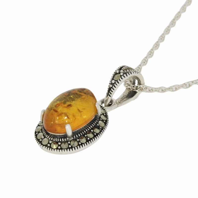 Amber and Marcasite Sterling Silver Oval Pendant and Chain