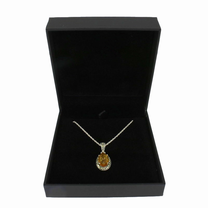 Amber and Marcasite Sterling Silver Oval Pendant and Chain