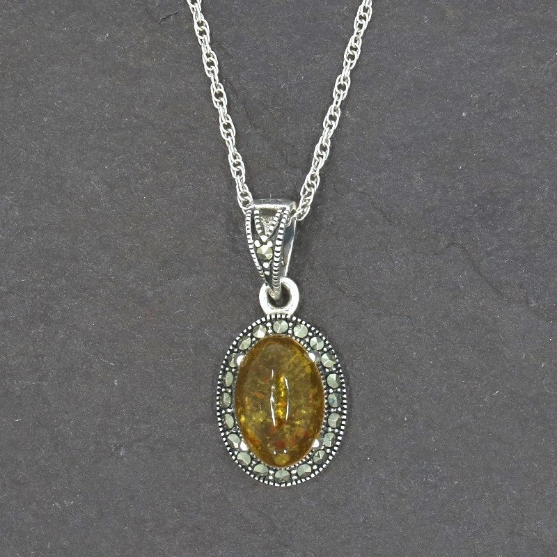 Amber and Marcasite Sterling Silver Oval Pendant and Chain