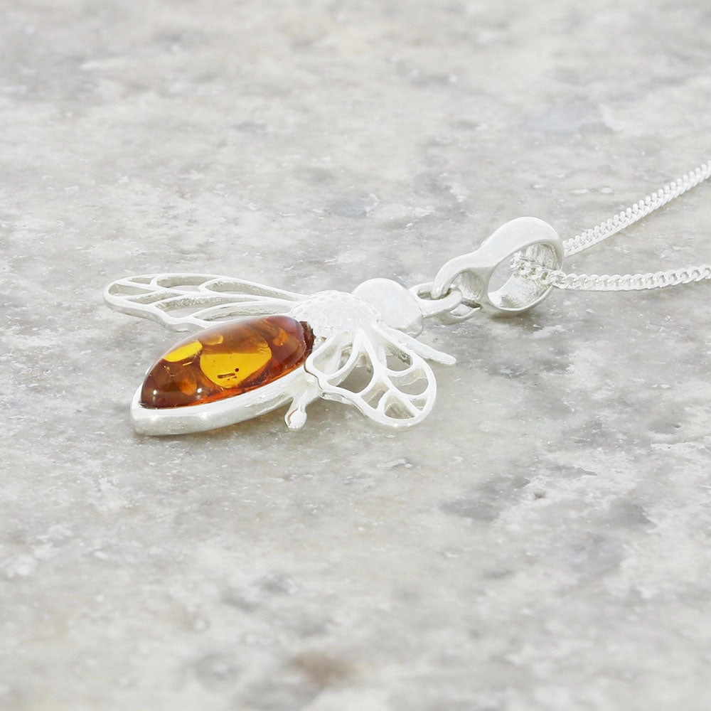 Amber Sterling Silver Bee Pendant and Chain